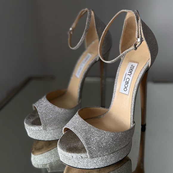 EUC Jimmy Choo Max 150 Metallic Silver Glitter Fabric Platform Stiletto Sandals - Picture 10 of 15